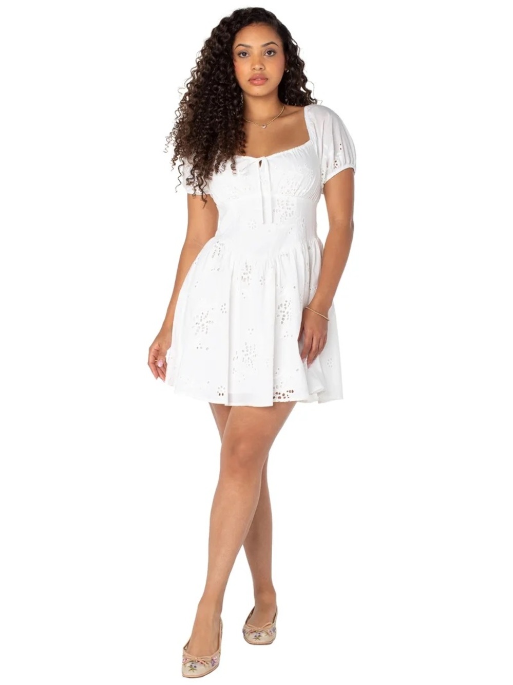White Eyelet Puff Sleeve Mini Dress